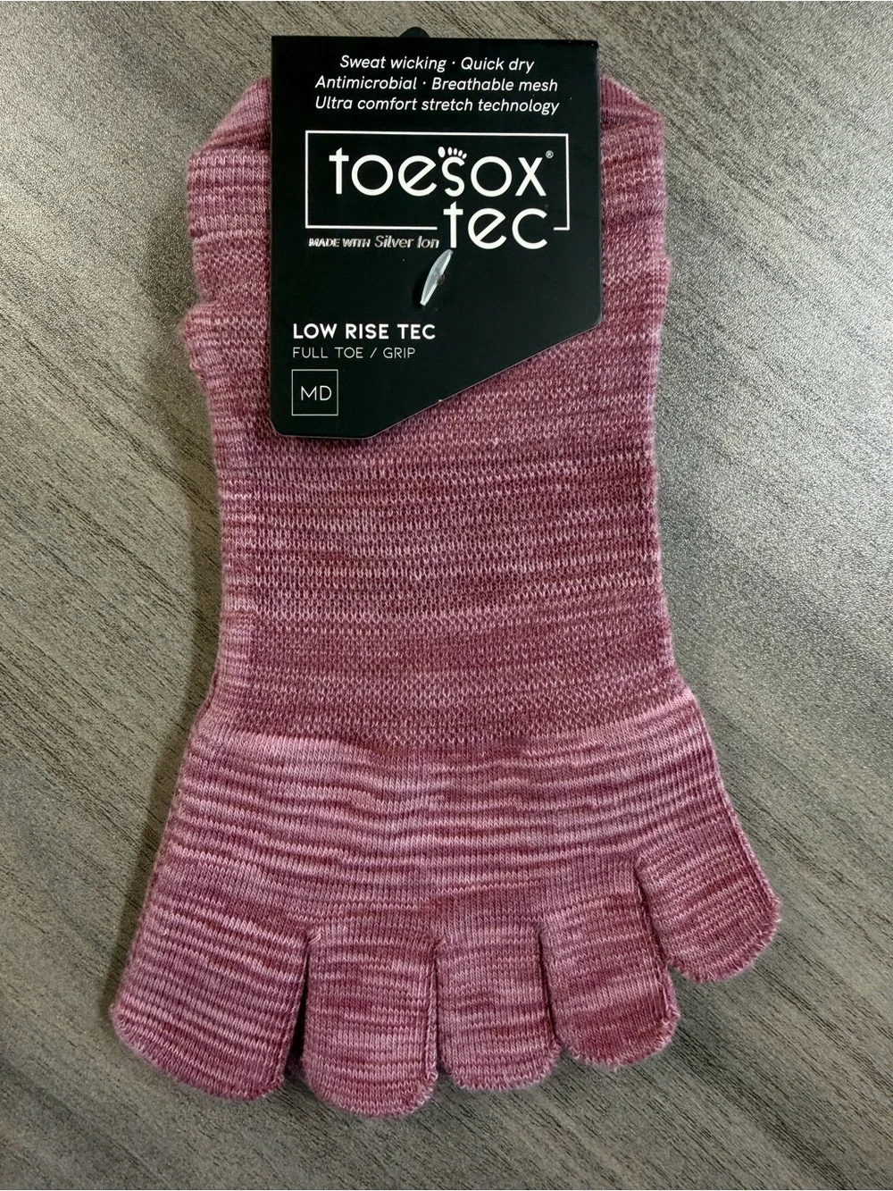toesox Pilates Low Rise Tec Full-Toe Quick Dry Grip Socks - Heathered Rose Pink